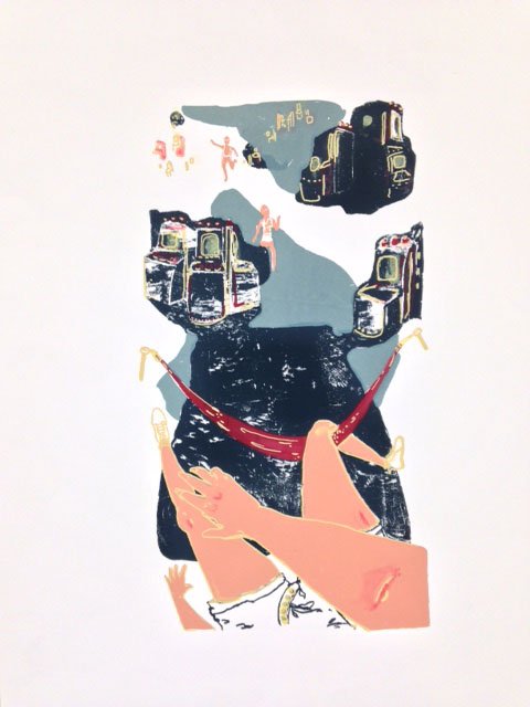 2ndStatePress's tweet image. #FobFriday Angela Heaps' #collograph and #screenprint "Casino: They pushed me, they didn't push me", 22x 30 inches