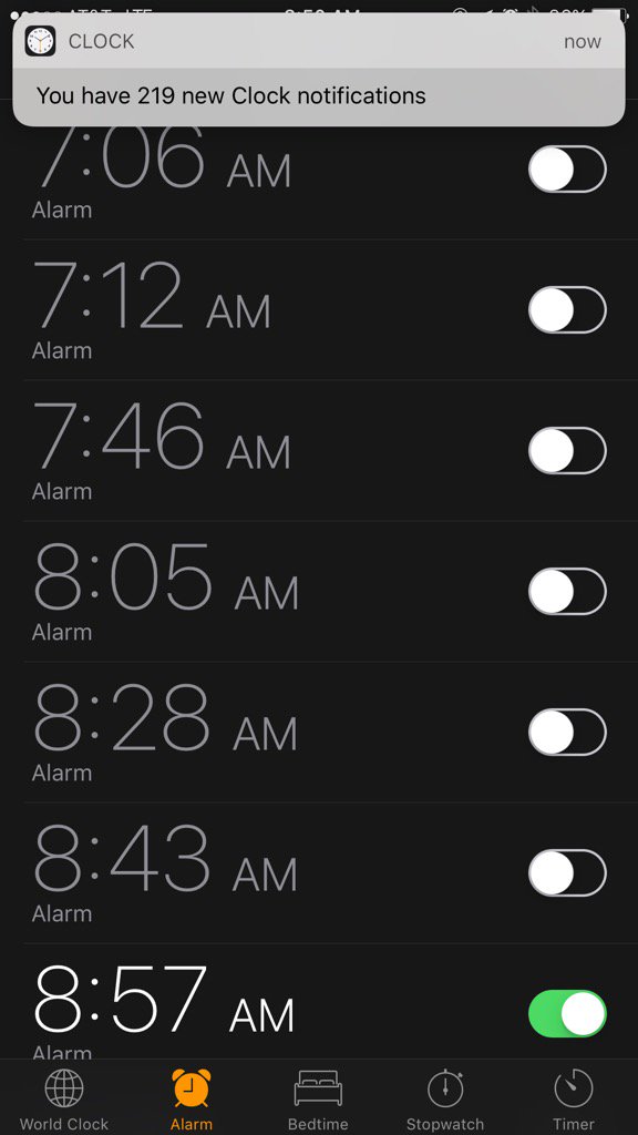 nicolaspratt's tweet image. Apparently I have a few alarms set... 
#iOS10 #TooManyNotifications