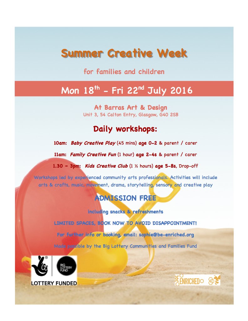 #free inclusive summer Creative Wk , families&kids, Barras/Calton Glasgow, sophie@be-enriched.org 2 book,please RT