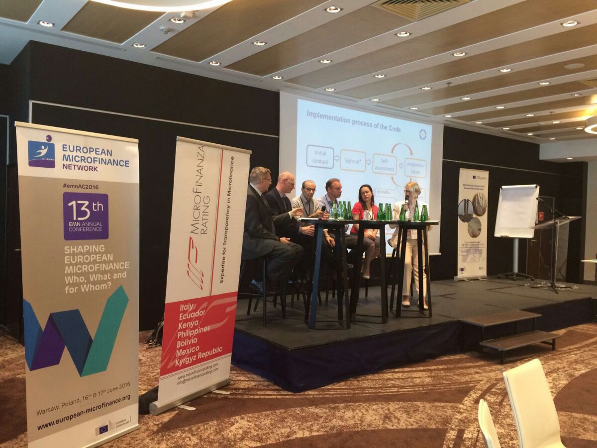 MicroFinRating's tweet photo. MicroFinanzaRating Director Aldo Moauro speaking about the European Code of Good Conduct at #emnAC2016 #transparency https://t.co/2JdSTKw4o9