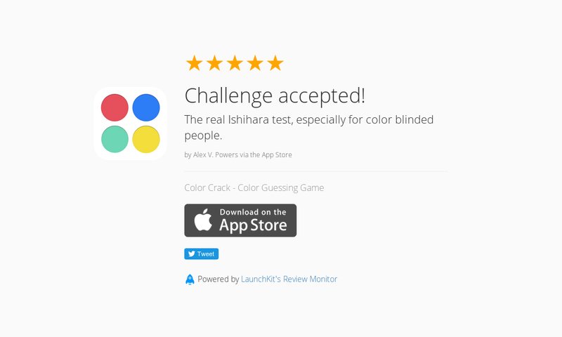 ColorCrack's tweet image. 5 Star Review: "Challenge accepted!: The real Ishihara test, especially for color blinded…" launchkit.io/reviews/PT8CNt…