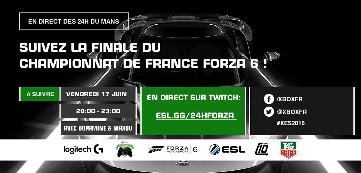 XboxFR's tweet photo. Dans 30 min c'est la finale de #Forza6 en direct de #LeMans24 https://t.co/qztC6XjnJr #XES2016 avec @LogitechFrance https://t.co/vcH4bvrgdG