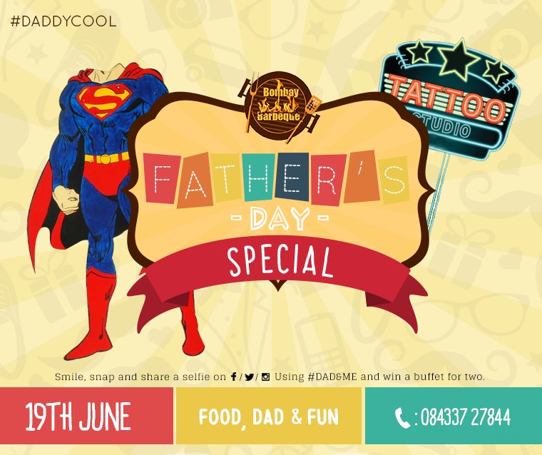 bombaybarbeque's tweet photo. This Sunday,#BombayBarbeque is throwing a #Fathersday event with life-size superhero stand-in's and a tattoo artist! https://t.co/h3Lad31IFO