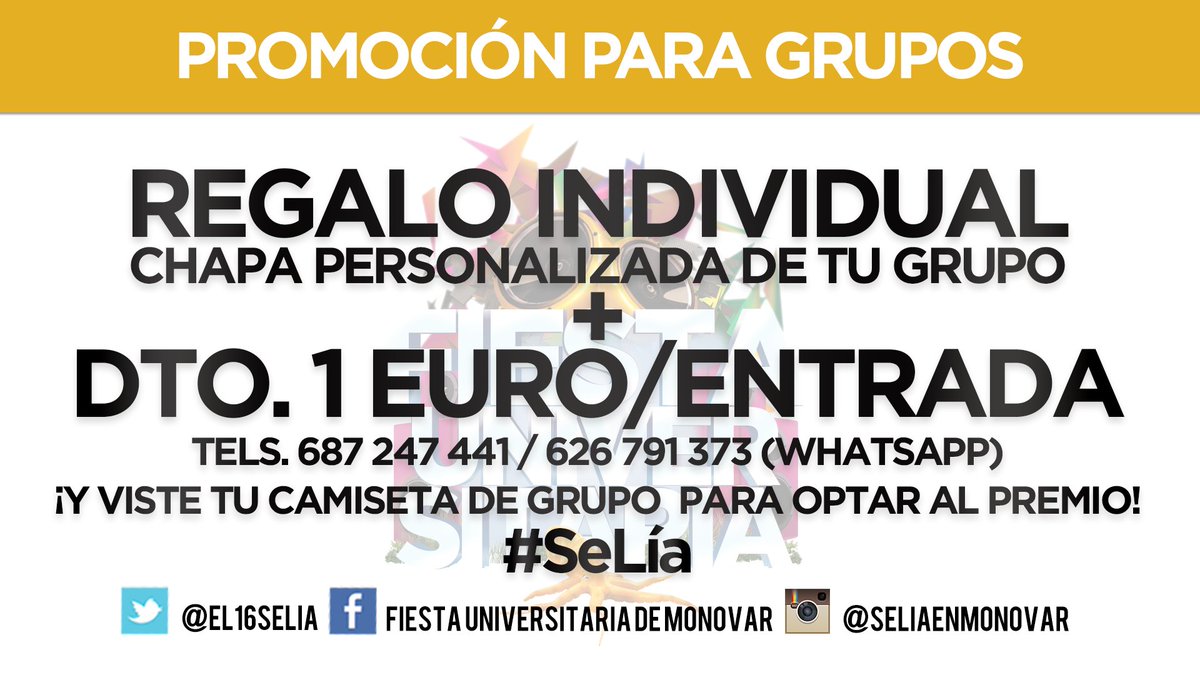 Ven con tu grupo de amig@s y podrás ganar premios a mejor camiseta y más aguante #selíaenmonóvar #FiestaUni2016