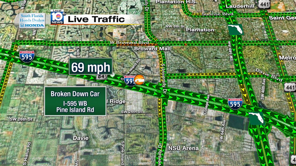 Broken down car on I-595 WB and Pine Island Rd #TRAFFIC https://t.co/cQ4cxbzaSr