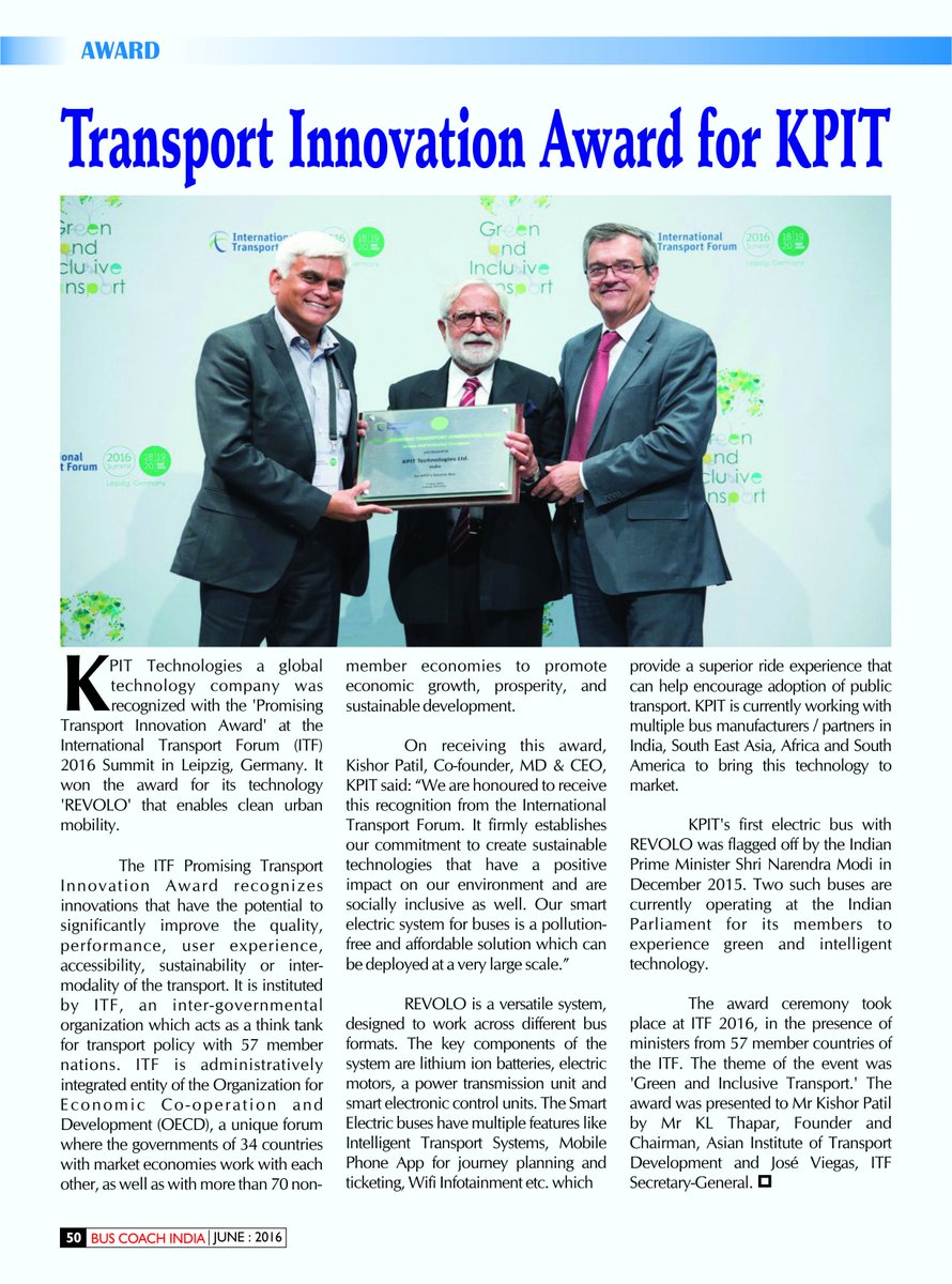 KPIT's tweet photo. Thank you Bus Coach India for the coverage. #Revolo #KPIT #ITF #Award https://t.co/HM4r4MrhIS
