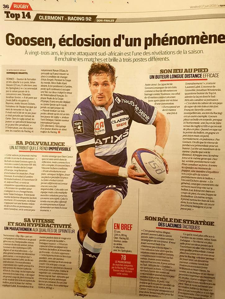 NelioDeSa's tweet photo. French media &amp; rugby fans amazed by Johan Goosen, claiming his rugby phenomenon that shines in 3 positions https://t.co/z1uQm0PHqM