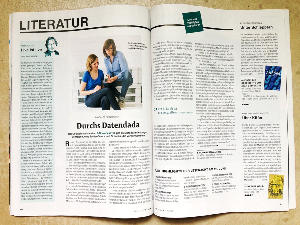 ebf_berlin's tweet photo. Im aktuellen @tip_Berlin gibt es einen Beitrag zum E-Book-Festival! Danke dafür! #ebf16 https://t.co/tXy7AQDJSv