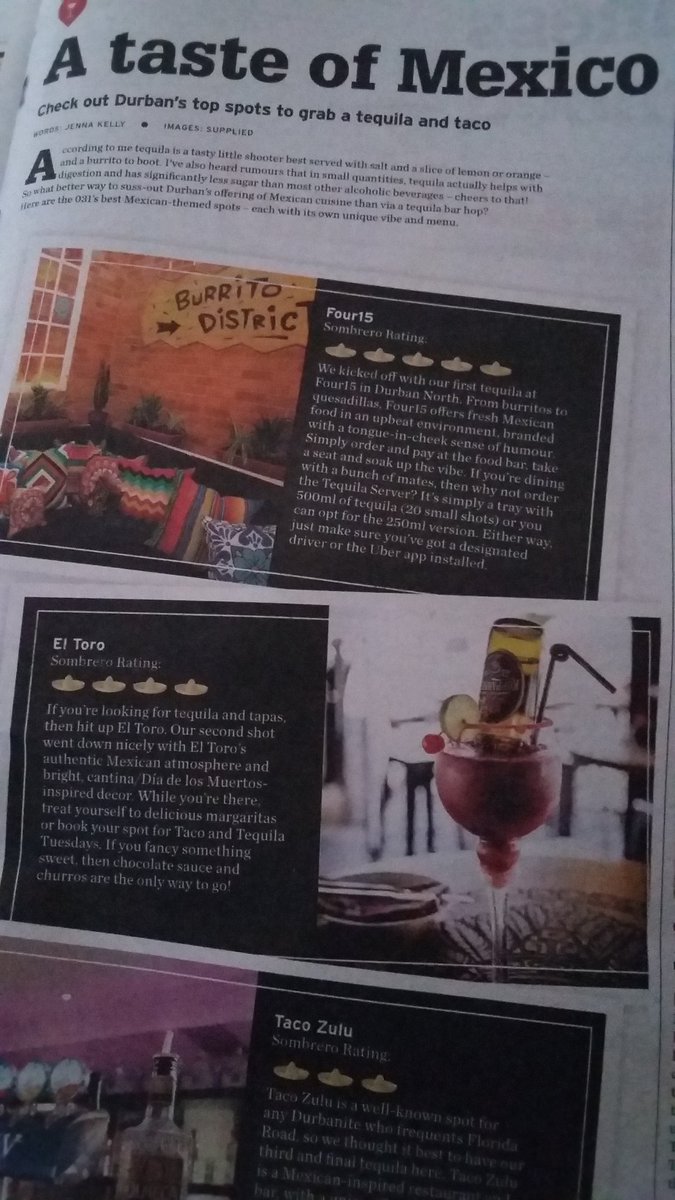 NicolaLMeyer's tweet photo. Looking for tequila and tacos? Read @girlwithabum @YourHoodZA #Four15 #ElToro #TacoZulu #Durban https://t.co/FR20No2JGv