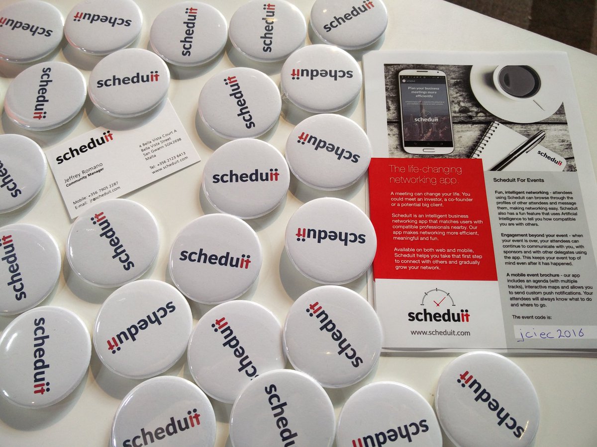 scheduit's tweet photo. Come visit us at the tradeshow and get your free @scheduit button. Exclusively from #jciec2016! https://t.co/rJDhCU9H3u