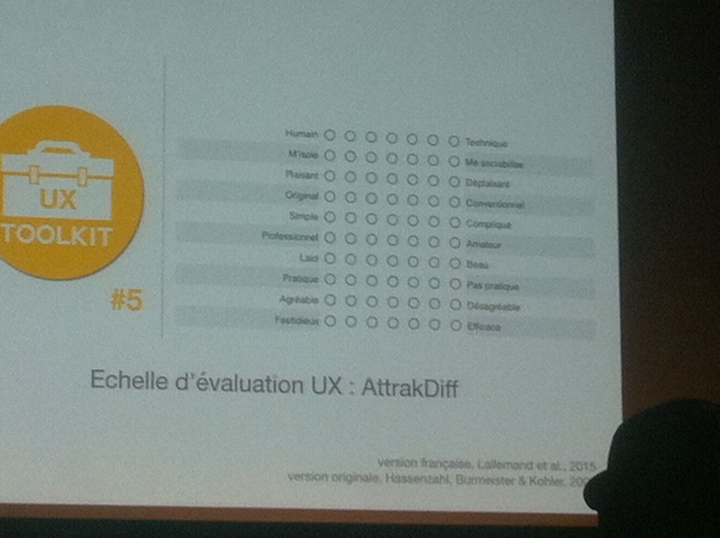 GwennolaPierre's tweet photo. Les questionnaires d'évaluation de l' #ux avec #attrakdiff @Carilall #UXdays16 https://t.co/HuMbOhwGMf