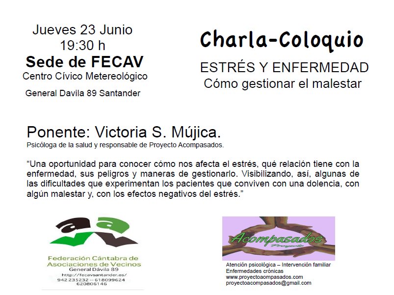 Os esperamos el jueves 23 en charla: Estrés y enfermedad (Cómo gestionar el malestar) con @acompasados #Santander