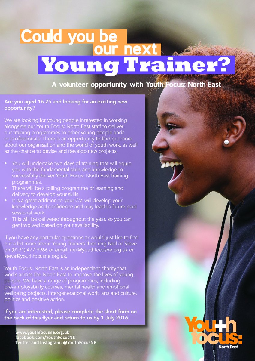 We are looking for Young Trainers to join our team. Email iona@youthfocusne.org.uk to apply #northeasthour