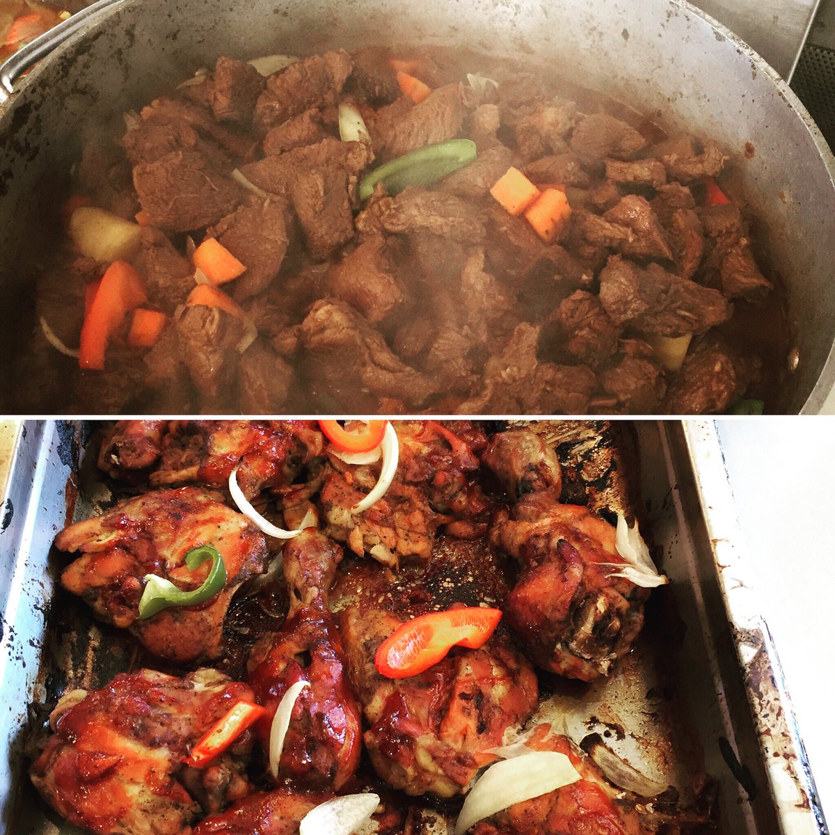 Friday's lunch special: Jamaican beef stew or oven baked chicken with rice&amp;beans, fried plantain.