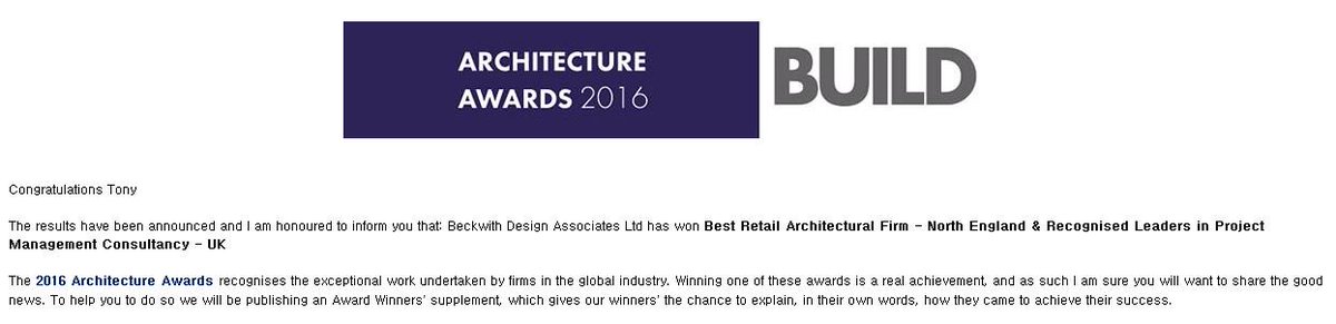 Beckwith_Design's tweet photo. Beckwith Design has won Best Retail Architectural Firm - North for Build-News Architecture Awards 2016!!! https://t.co/GFyNVV8vkW