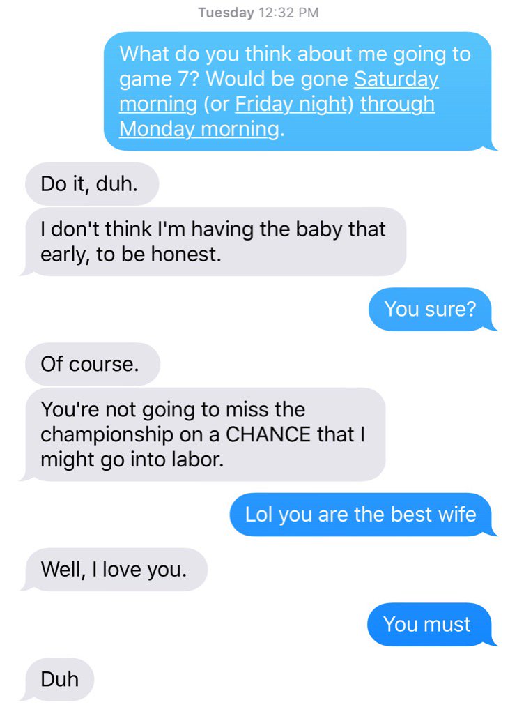 treykerby's tweet photo. Don't worry y'all -- my wife wants me to go to Game 7 of the #NBAFinals. Marry someone awesome. #TheStarters https://t.co/isb8umyIcR