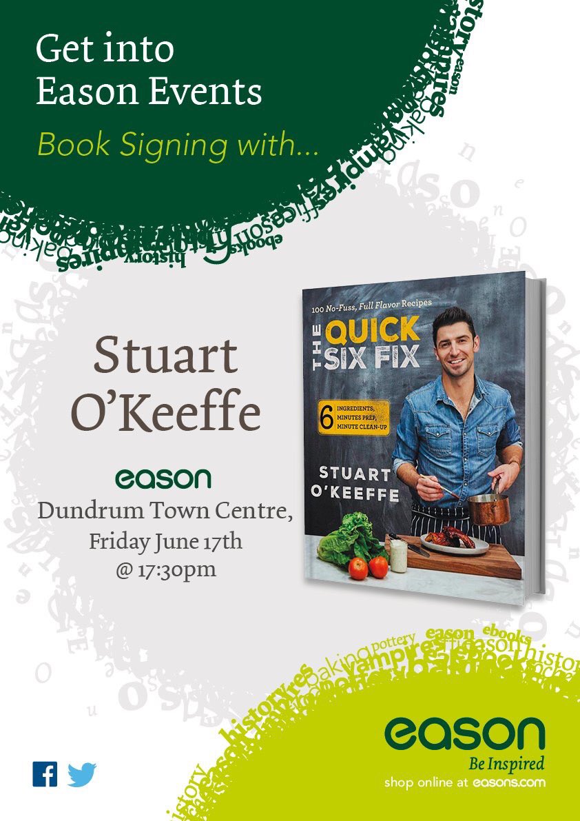 easons's tweet photo. Pop in @easons @DundrumTC this evening at 5:30pm and pick up a signed copy of #TheQuickSixFix by @ChefStuart_ https://t.co/iY2Ul4PmsU