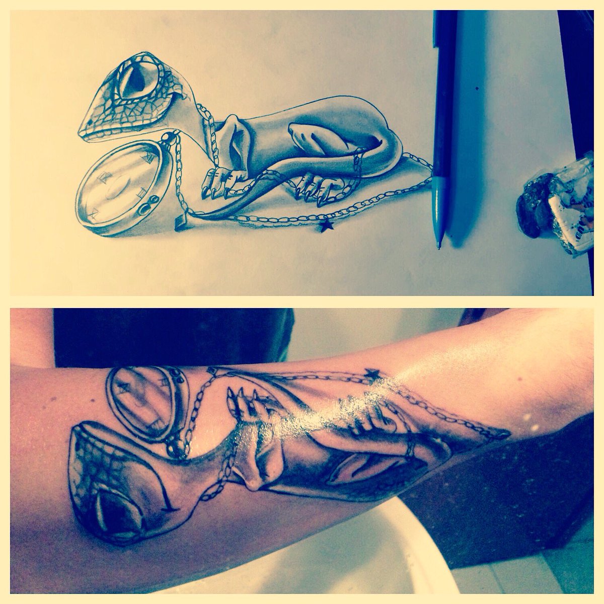 myrealvisions's tweet photo. #tattoos #tattoo #inktattoo #inkedup #lizardtattoo #lizards #lizardstattoos #clocktattoos #clocktattoo #makingtattoo https://t.co/oxwFawDMNn