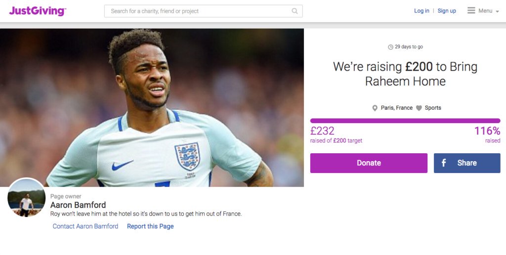 bettingslip's tweet image. Sterlings coming home! England fans have successfully crowd funded a flight home for Raheem Sterling. #EURO2016 #ENG