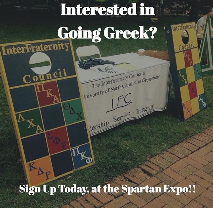 tdx_uncg's tweet photo. Want to go greek? Stop by the IFC table today and sign up to receive information about recruitment #UNCG20 @IFCUNCG https://t.co/Qyo9op0ZOh