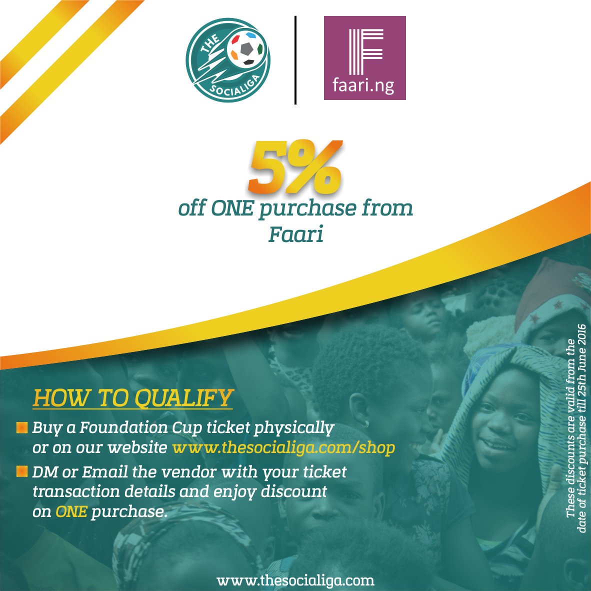 dofaari's tweet photo. Get an Extra 5% Discount on any deal just by buying a @theSocialiga Foundation Cup ticket #dofaari #Conectar https://t.co/C4ld3hln9T