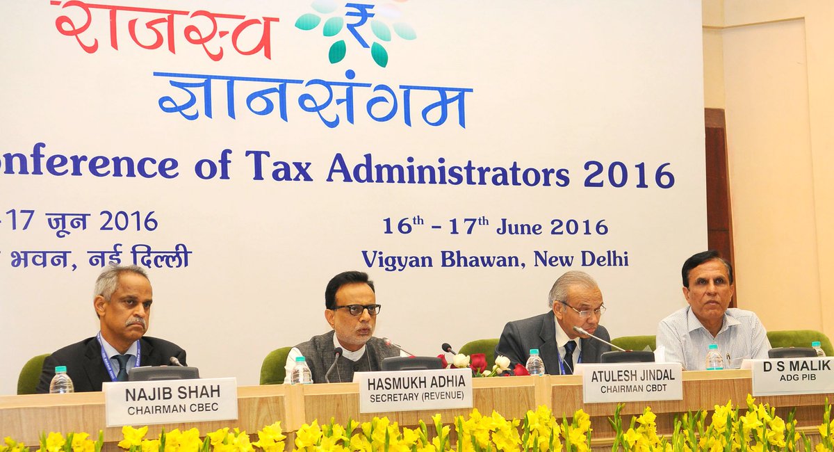 FinMinIndia's tweet photo. Revenue Secretary,Chairman,CBDT &amp; Chairman,CBEC addressing a Press Conference on conclusion of ‘Rajasv Gyan Sangam’. https://t.co/EMcudtO7t5