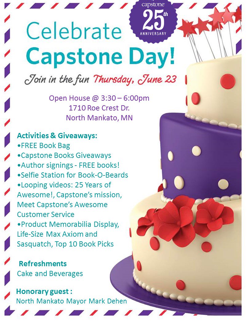 CapstonePub's tweet photo. Only one day to go before we Cele brate! Come join us! #Capstone25 #kidlit #Fun https://t.co/moah9Ovm9s