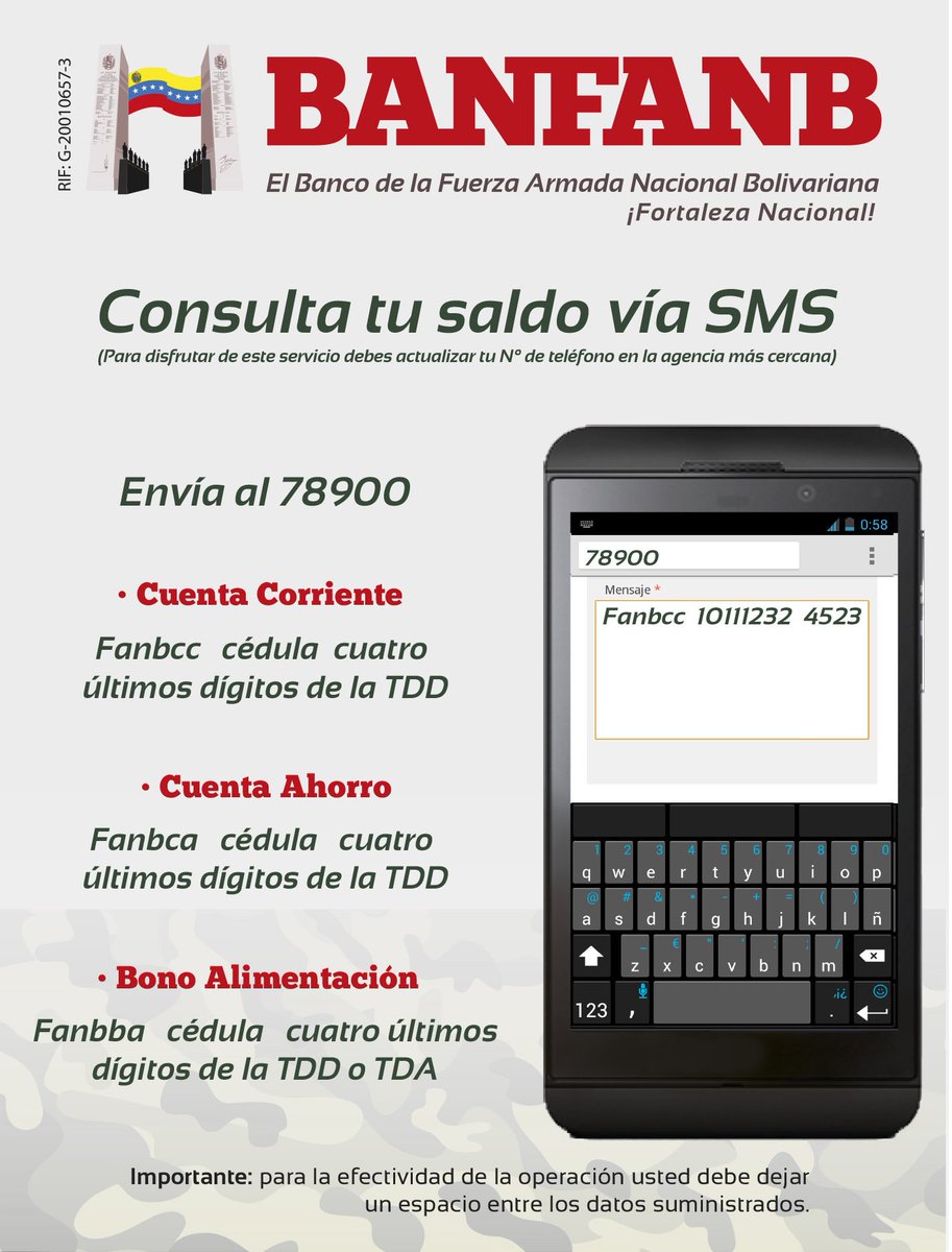 Nuevo servicio *Consulta tu saldo vía SMS*. Sigue las instrucciones de la imagen. @BanFANB ¡Fortaleza Nacional!