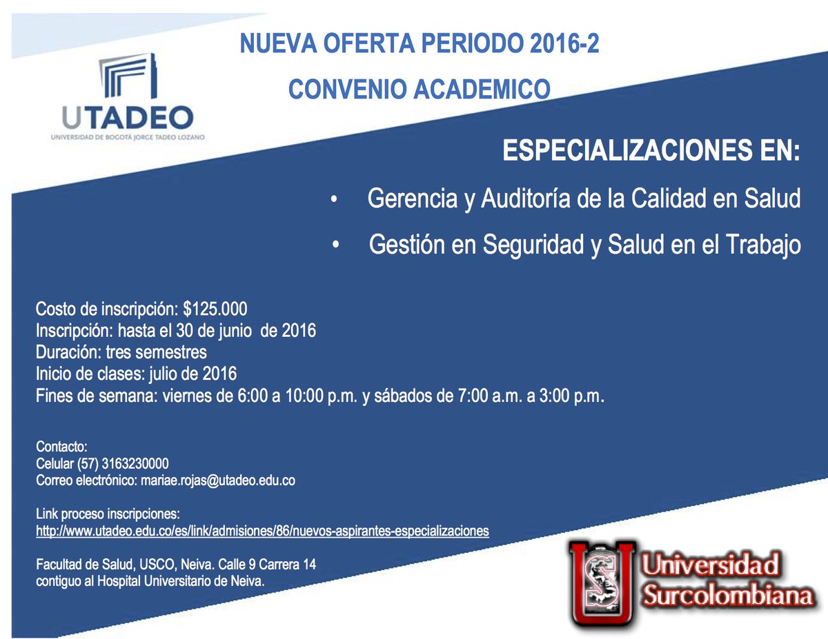Uscomunica's tweet photo. Inscripciones abiertas para Especializaciones en #Neiva en convenio con la @Utadeo_edu_co https://t.co/nd3PpfPNB1