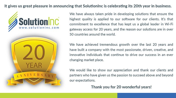 SolutionInc's tweet image. It gives us great pleasure in announcing that #SolutionInc is #celebrating its #20th #YearInBusiness #20Anniversary
