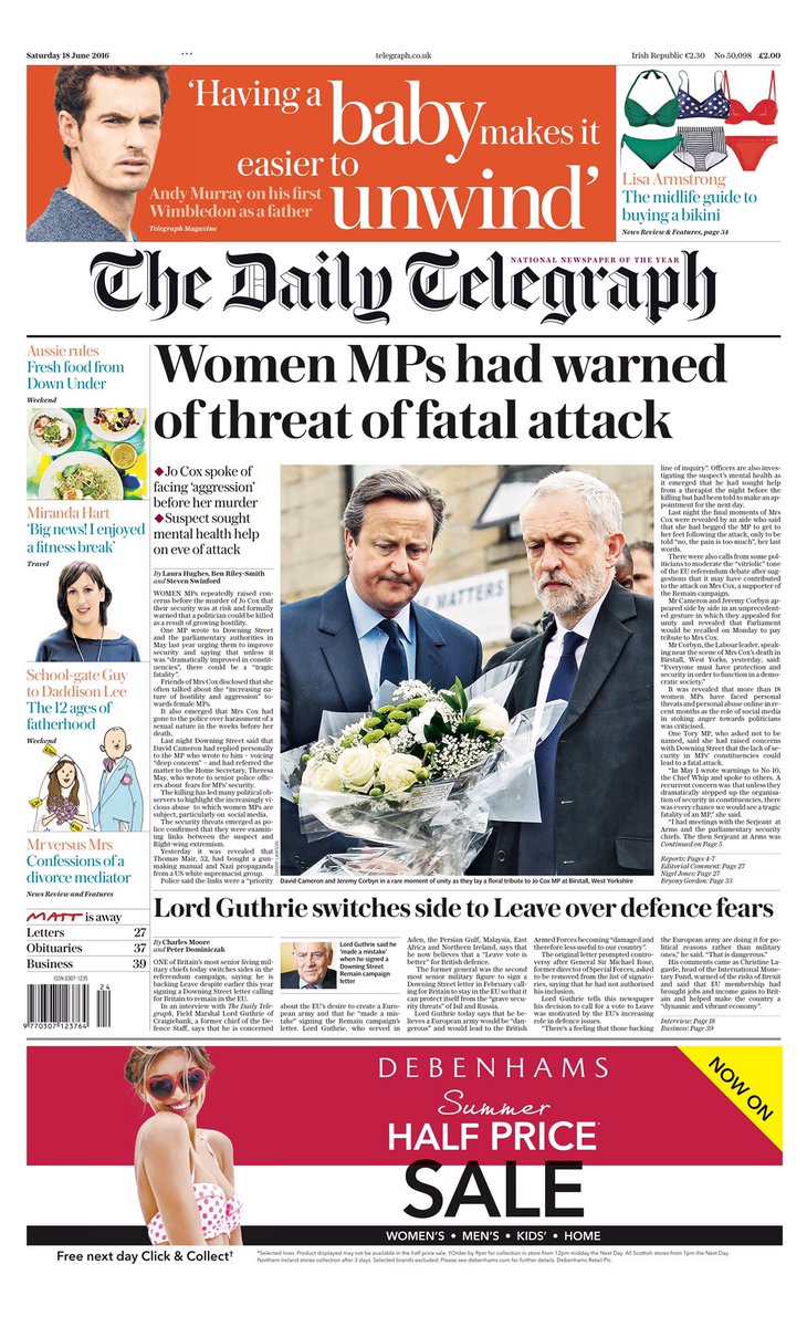 BBCNews's tweet photo. Saturday's Daily Telegraph front page: 
Women MPs had warned of threat of fatal attack
#Tomorrowspaperstoday https://t.co/0tos1DemGg
