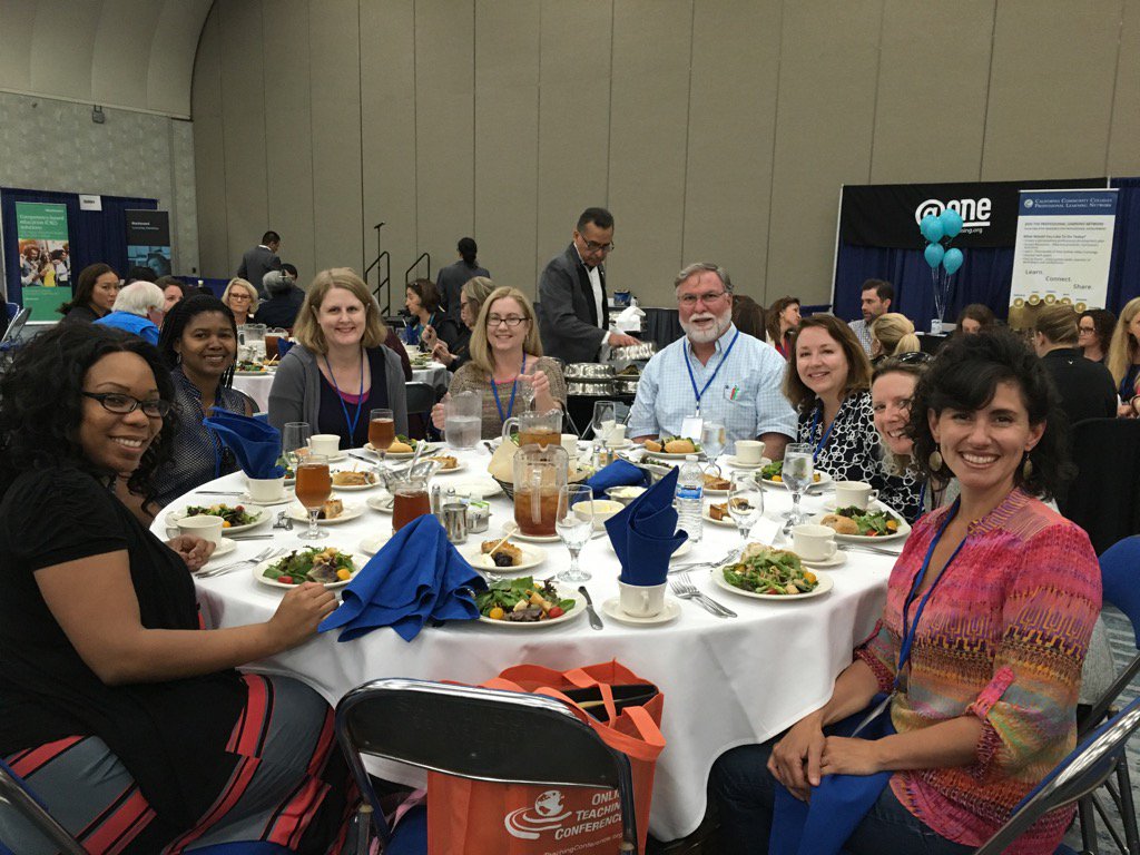 TracySchaelen's tweet photo. A whole table full of innovative online @swc_news instructors at the Online Teaching Conference! #cccotc16 https://t.co/pkYxDrlqWV