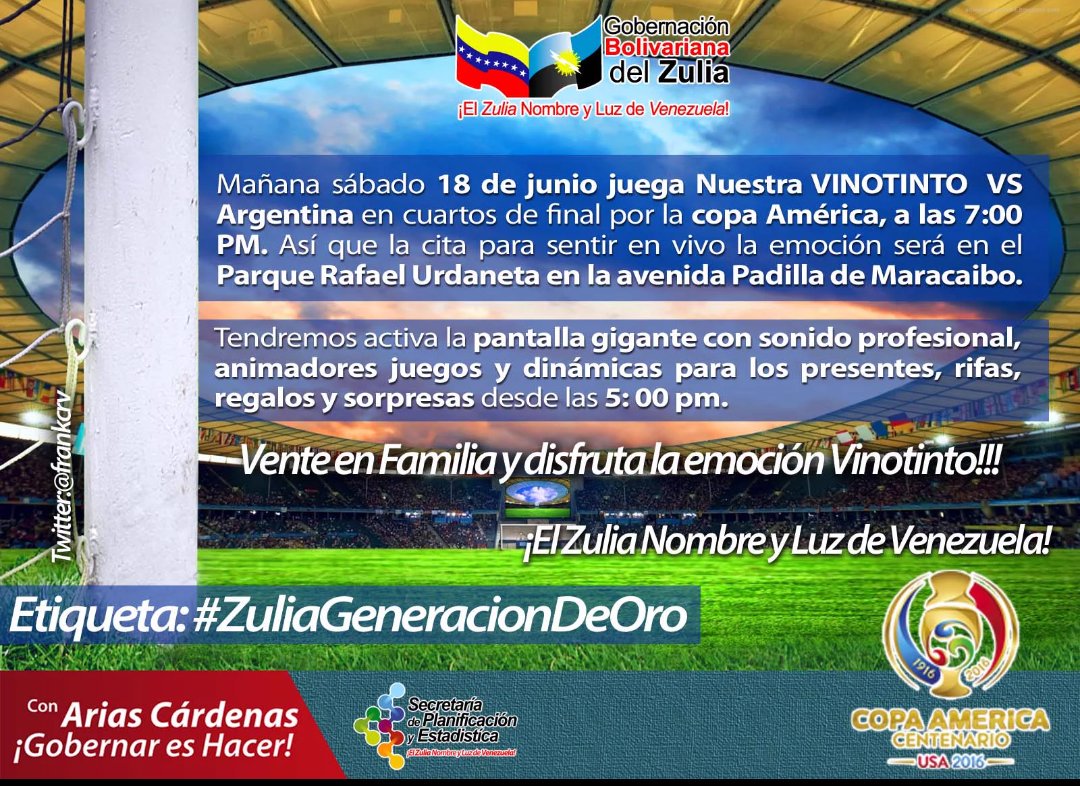 elturpialnet's tweet image. #PlanDelFinDe Mañana a ver el juego de la #Vinotinto en el Parque Rafael Urdaneta desde las 5p #ZuliaGeneracionDeOro
