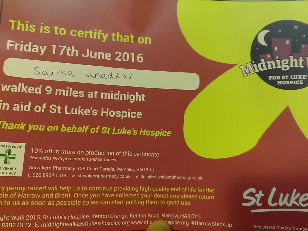 SarikaUnadkat's tweet photo. Casual 9-mile midnight stroll - done! Thanks to @StLukesHarrow for a fab event! #MidnightWalk! #HarrowStepsUp https://t.co/WUOyteFxqQ