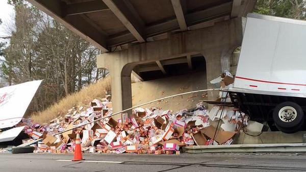 Truck carrying Ramen Noodles crashes. Estimated loss to the company: $38.00