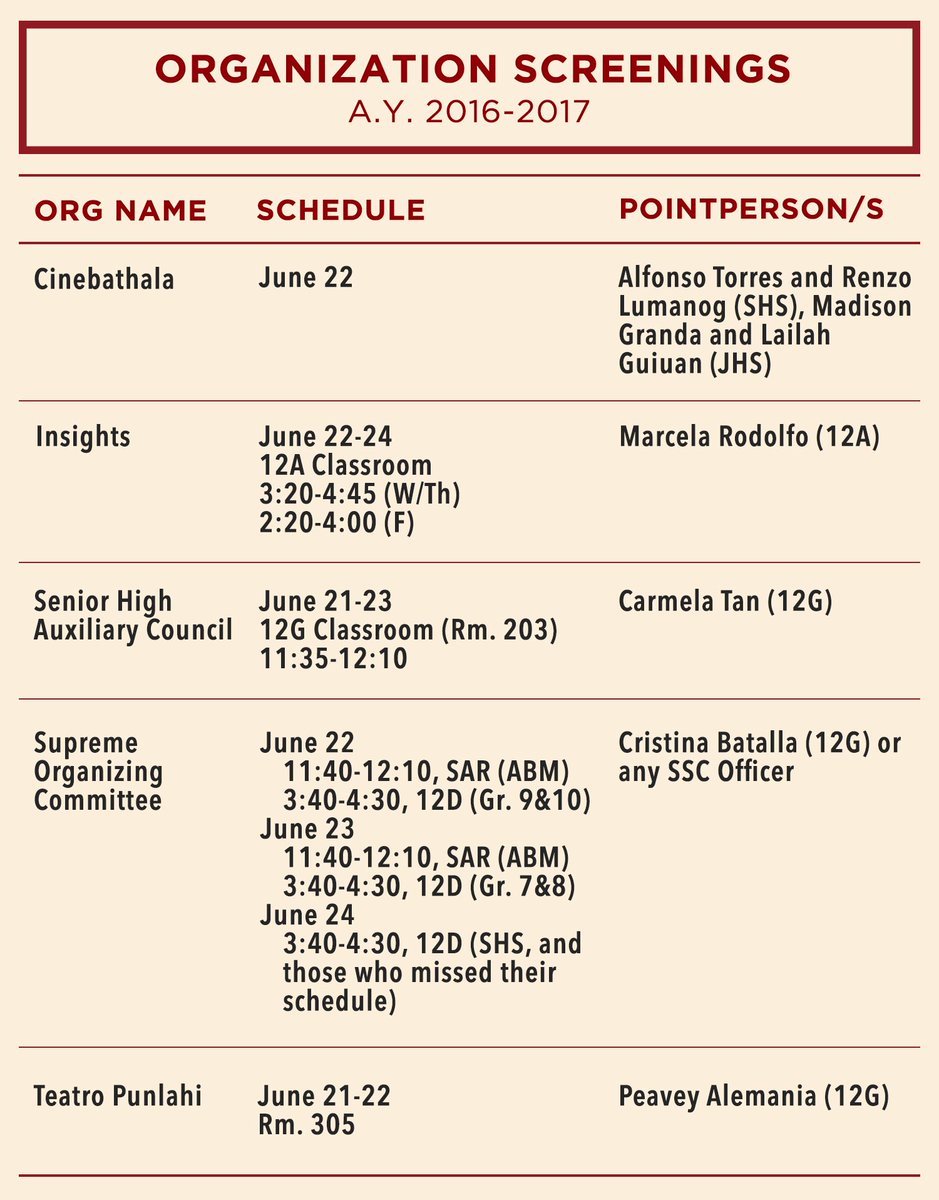 csasupremesc's tweet photo. Here's a summary of the schedules & pointpersons for the upcoming org screenings! #CSAFreshieTips #SHSSurvivalTips https://t.co/Ir2a9XIl4H