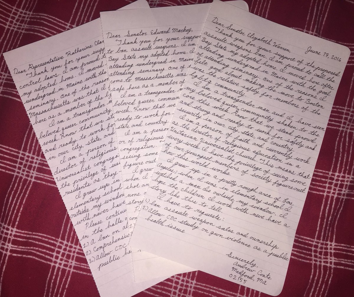 AndyLC's tweet photo. #NFLetters Three handwritten letters to my congressional leaders thanking them for their work on gun control. https://t.co/tSIyw4D3Nu