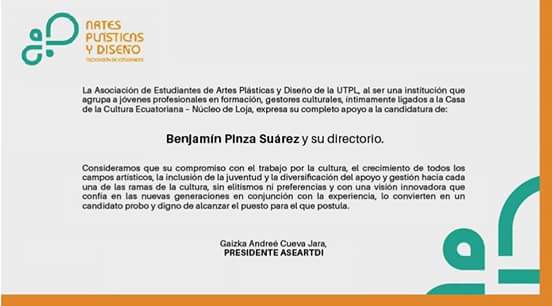 arte_disenoutpl's tweet photo. La Aso de Estudiantes de Arte y Diseño UTPL expresa su #apoyo a la candidatura de Benjamín Pinza y su directorio. https://t.co/jqWYWbV0NZ