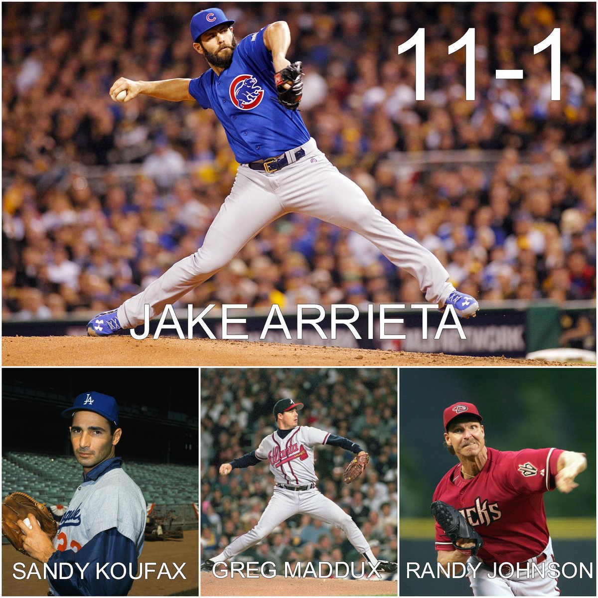 SportsCenter's tweet photo. Jake Arrieta joins three legends as only pitchers to go 11-1 to open the season as reigning Cy Young winners. https://t.co/alwqD7oJIR