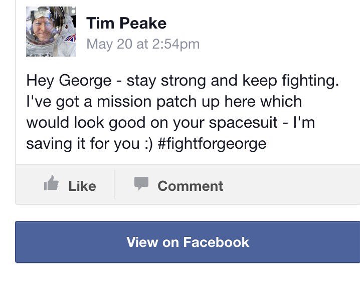 FightforGeorge's tweet photo. @BBCBreakfast @astro_timpeake @BBCBreaking Thankyou for inspiring George to beat #childhoodcancer from space! #hero https://t.co/GO0TU1TUWI