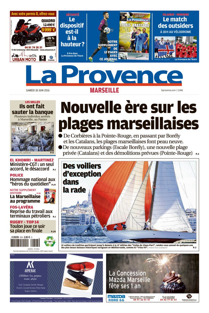 laprovence's tweet photo. La Une de votre journal @laprovence édition de #Marseille en ce samedi 18 juin #plages #police #EURO2016 https://t.co/qoQYLFvkmf