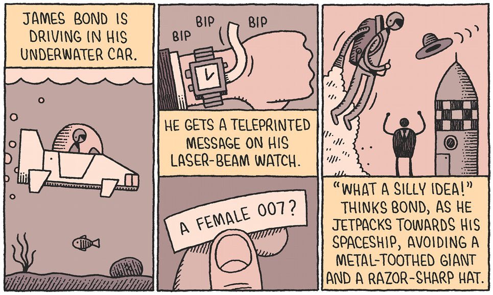 tomgauld's tweet photo. 'James Bond is driving in his underwater car...' (My cartoon for today's @guardianreview) - https://t.co/JGOUE89yLm