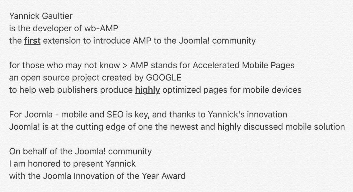 heyjoecampbell's tweet photo. Hi @yannickgaultier (@weeblr) I was going through my iPad notes & found the speech I prepared for your #JaB16 award https://t.co/aldeWWAsHy