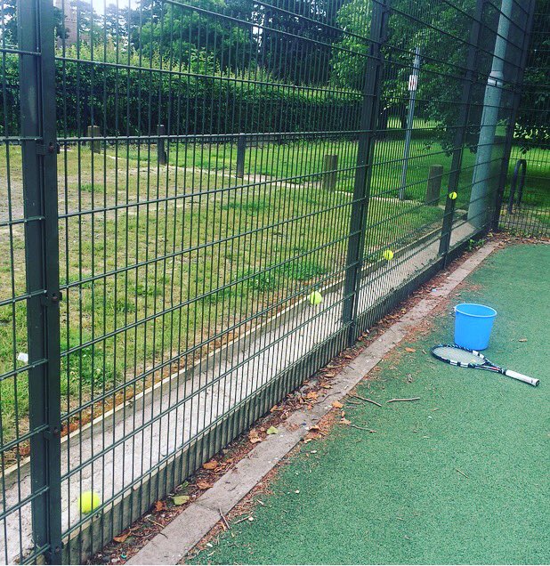 AFC_STU's tweet photo. The awkward moment when the local tennis courts can't handle the pace of your first serve #racketlonproblems https://t.co/IloyHHbmZv