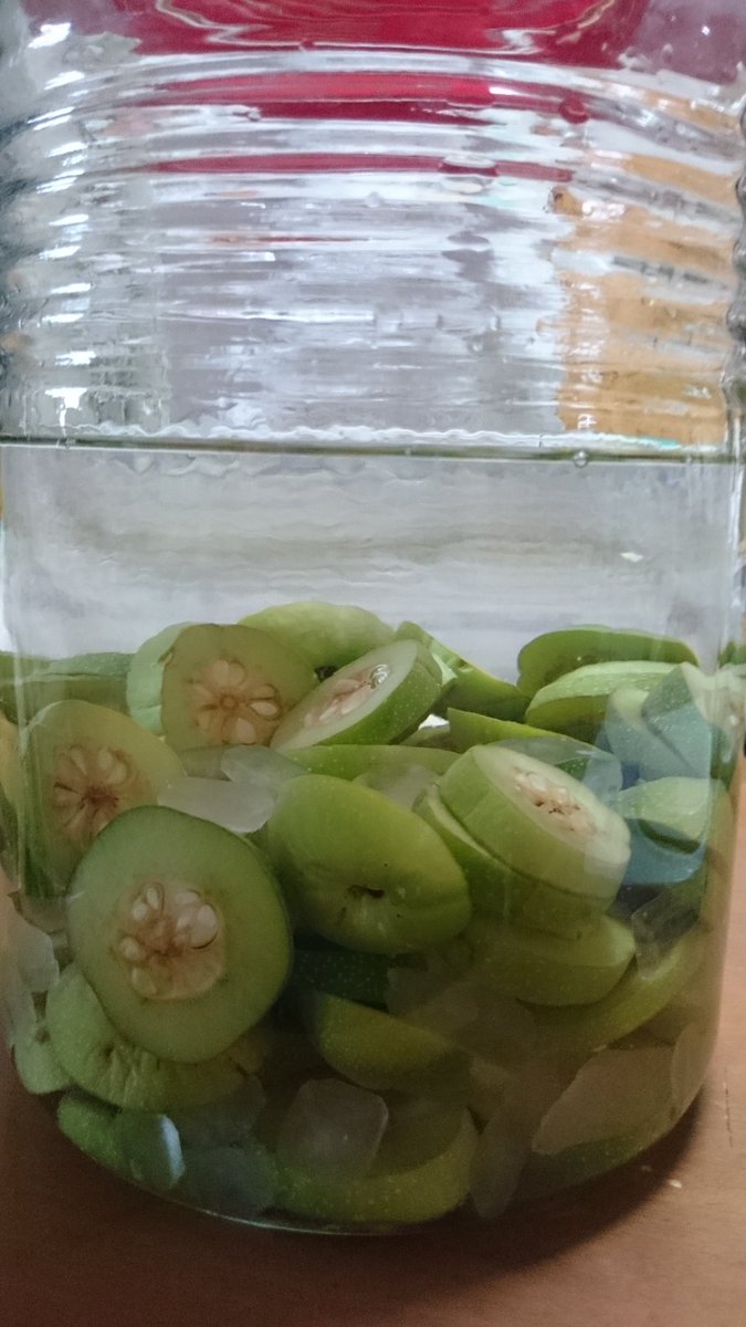 Kitchen Sunny Heart 梅酢の実はきび砂糖 で煮て瓶詰めに 2リットル瓶を熱湯消毒したら なんと ヒビが 試しに水を入れてみたら やはりヒビから水滴が漏れ出す わざわざ梅酒飲んであれこれ移し替えた苦労が