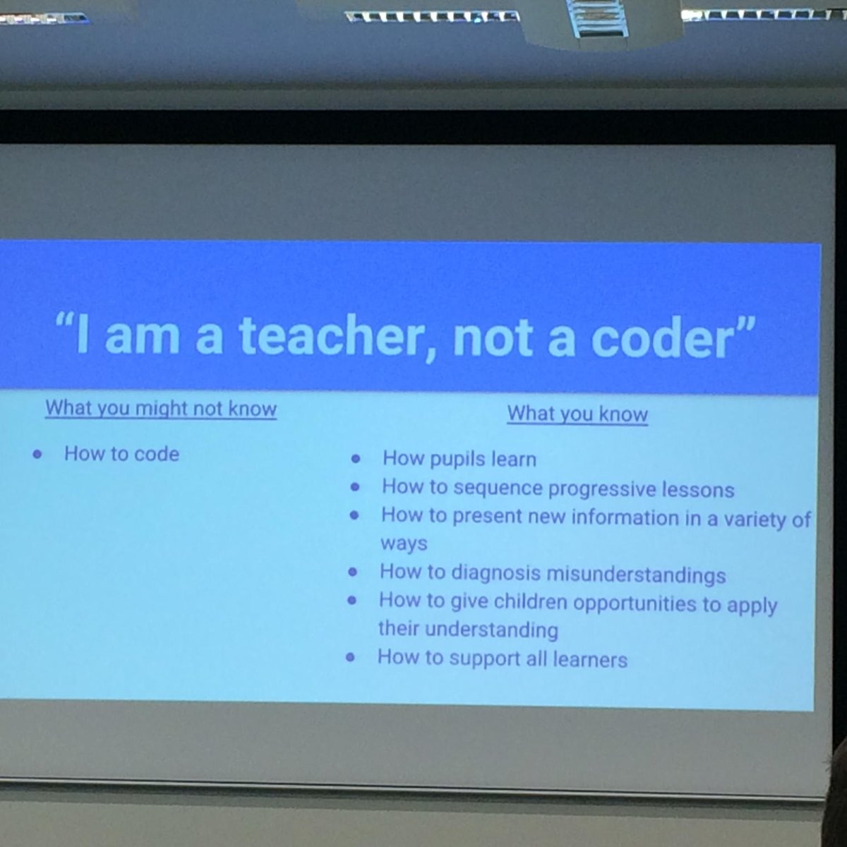 jobadge's tweet photo. Teachers may worry "I'm not a coder" but remember you aren't a historian either and you teach that! #casconf16 https://t.co/TS9WlFId2G