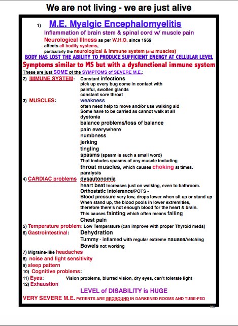 me_right2's tweet photo. Some of the symptoms of #ME
#MyalgicEncephalomyelitis is a neurological &amp; immunological illness
Affects all systems https://t.co/O6eldJSCl2