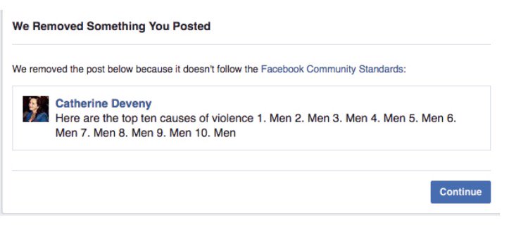 . <a href="/CatherineDeveny/">Catherine Deveny</a> just got banned from FB for 30 days for this. Seriously.