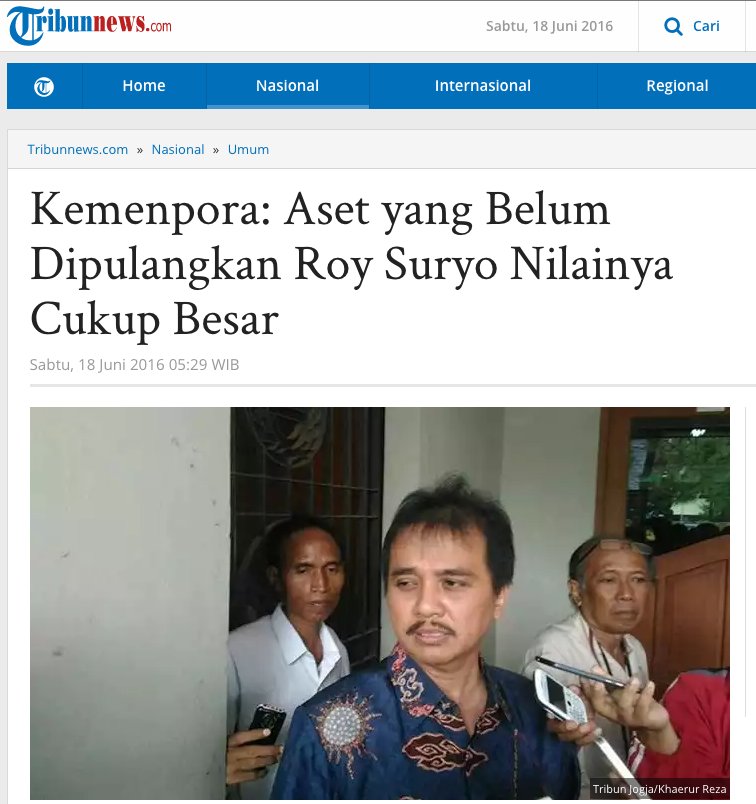 Roy Suryo Watch (@roysuryowatch) on Twitter photo Kemenpora: Aset yang Belum Dipulangkan Roy Suryo <a href="/KRMTRoySuryo/">KRMT Roy Suryo</a> Nilainya Cukup Besar
tribunnews.com/nasional/2016/… Kemenpora: Aset yang Belum Dipulangkan Roy Suryo <a href="/KRMTRoySuryo/">KRMT Roy Suryo</a> Nilainya Cukup Besar
tribunnews.com/nasional/2016/…