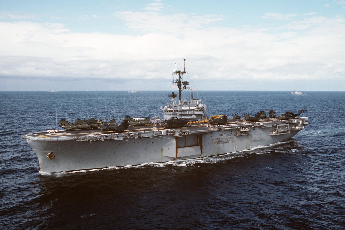 mrdavidboberesq's tweet photo. USS Inchon (LPH 12) underway, port bow view, NATO Ex Northern Wedding 86. #usnavy #coldwar https://t.co/1N2lwr4LA7